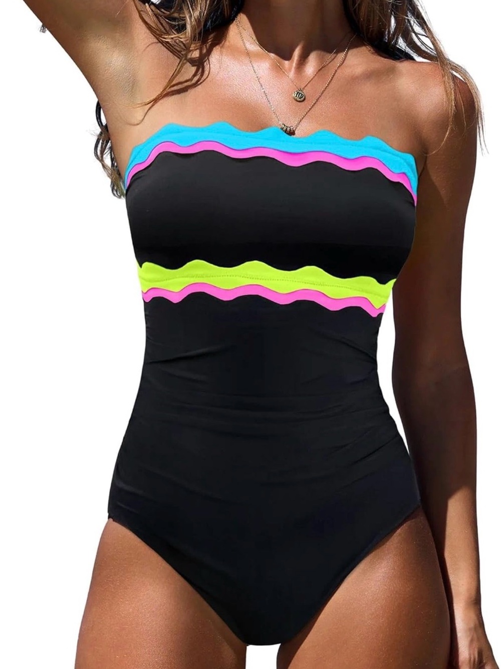 Strapless Black One-Piece Swimsuit with Neon Wave Trim